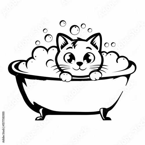 Cute cat sitting in bubbly bathtub with playful expression  
