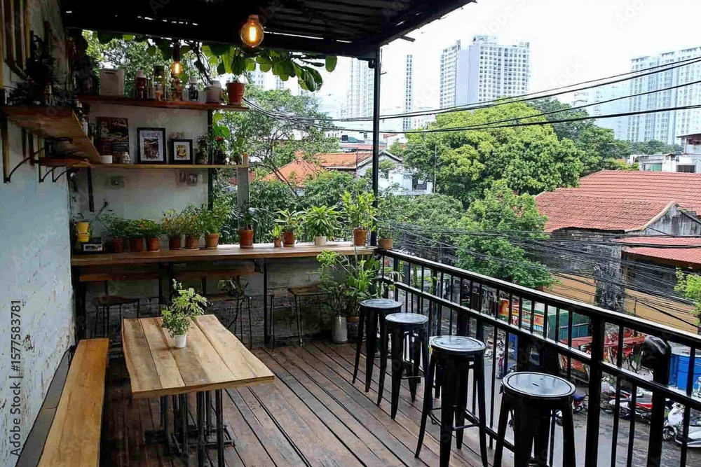Fototapeta premium Urban rooftop bar offers city views and a relaxed vibe