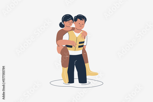 Illustration of Rescue Team Saves an Elderly Woman from Floods