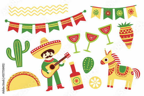 Mexican fiesta elements collection with mariachi guitarist cactus and unicorn