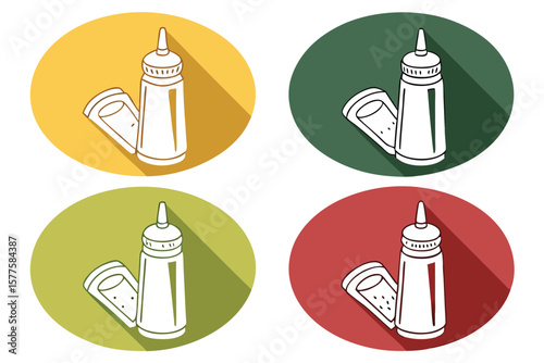 Set of four flat design icons featuring white ketchup and mustard squeeze bottles with shadows