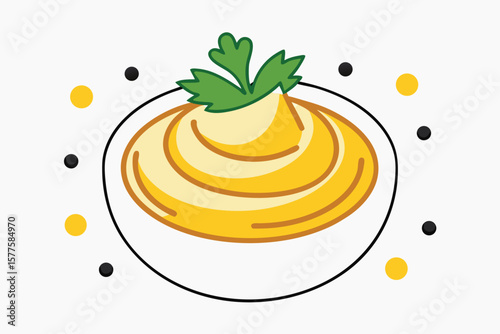 Stylized illustration of creamy mashed potatoes garnished with parsley on a plate