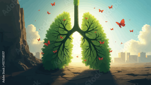 a stylized illustration of lungs transformed into lush green trees with red leaves, set against a serene landscape. Butterflies flutter around, and a city skyline is visible in the background under a 