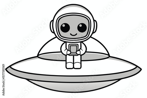Cute cartoon astronaut sitting in a flying saucer holding a tablet
