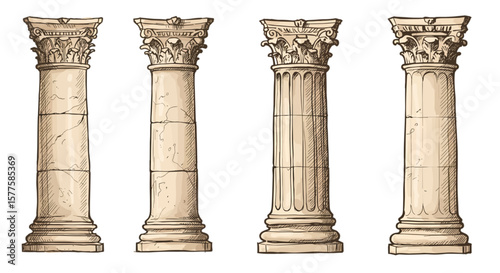 Sketch of ancient columns, a collection of drawings made with ivory-colored chalk on a transparent background PNG
