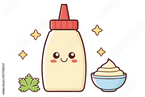 Cute kawaii mayonnaise bottle and bowl with stars and parsley