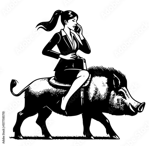 Businesswoman riding on a boar while doing business over the telephone