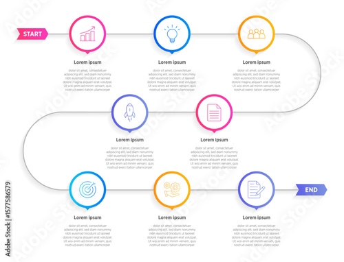 Modern Vertical progress 8 circle elements, symbolizing the eight stages of business strategy and progression. Clean timeline infographic design template. Vector for presentation