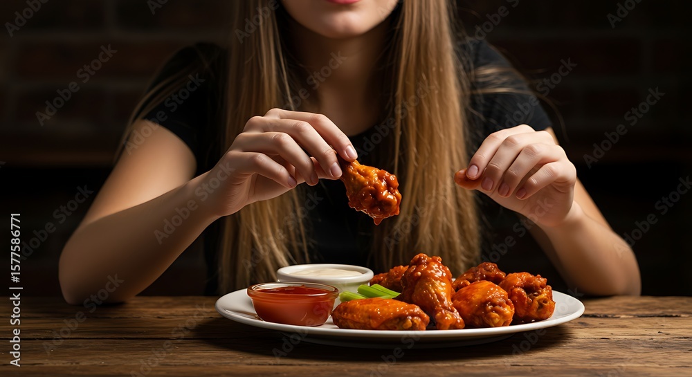Young Woman Eating Chicken Wings with Sauce Young Woman Eating Chicken Wings with Sauce