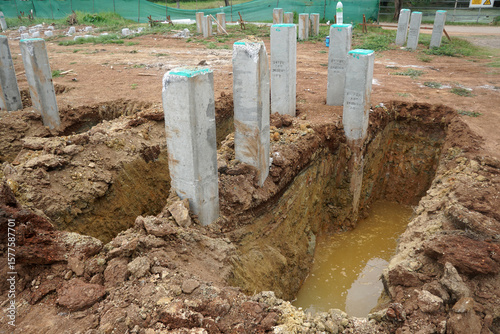 Excavation is performed in the area where the building foundation is to be built after piles are driven.