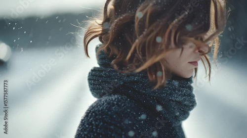 Beautiful woman with flowing hair in atmospheric winter scene with falling snow particles, cinematic lighting and dreamy mood