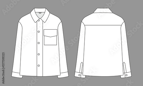 Blank White Jacket with One Pocket, Buttons Down Template on Gray Background. Front and Back Views, Vector File