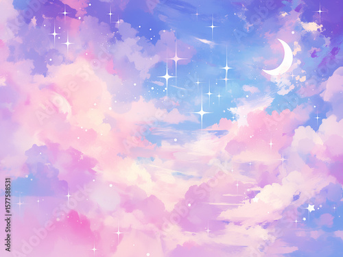 水彩タッチで描いたゆめかわいいパステルカラーの夜空