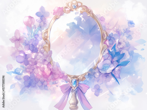 花に囲まれた手鏡の水彩イラスト
