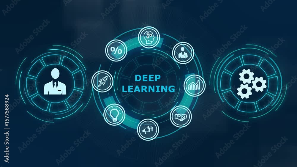 Deep learning artificial intelligence neural network. Technology, Internet and network concept ,Abstract technology symbols on a blue background.