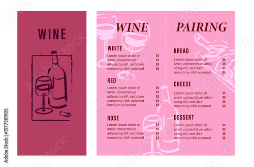 Cafe menu templates with hand drawn graphic elements, brush line art wine and charcuterie drawings