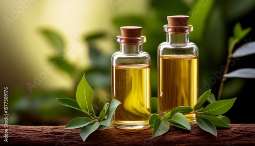 sandalwood oil in a glass bottle with greenery glass sandalwood plants