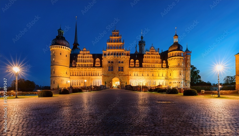 Obraz premium nachtaufnahme vom beruhmten schweriner schloss in deutschland mecklenburg vorpommern