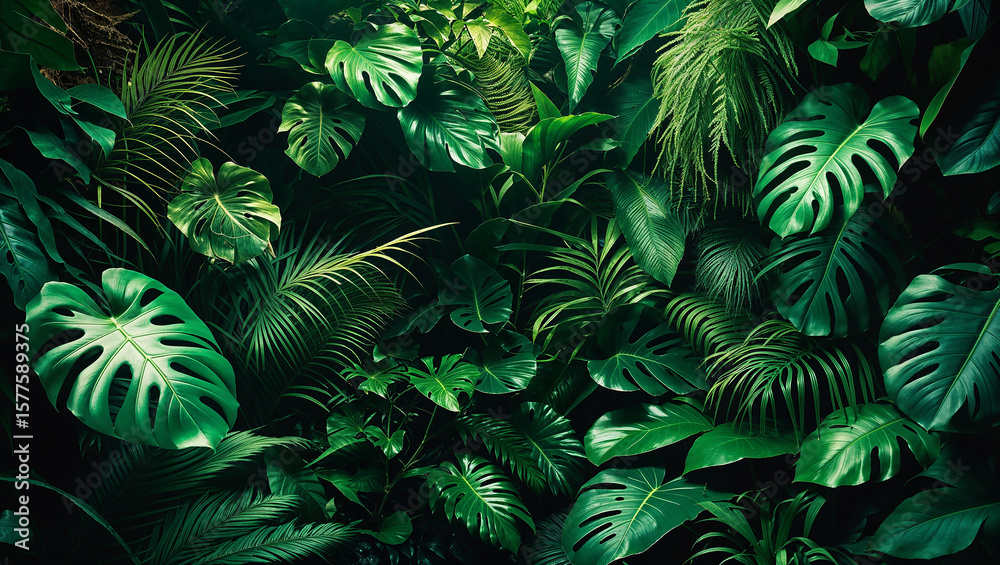 Fototapeta premium Lush green tropical leaves creating vibrant natural background