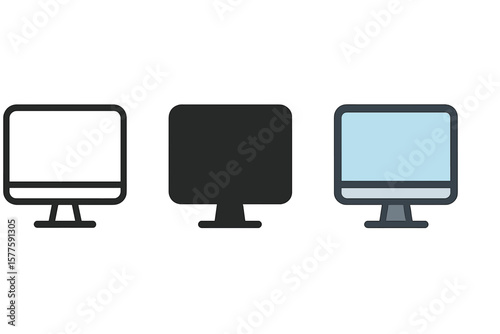 Icon for computer monitor, available in line, glyph, and filled outline styles, featuring a colorful monitor display screen symbol, logo illustration, and various style icons, all in vector graphics