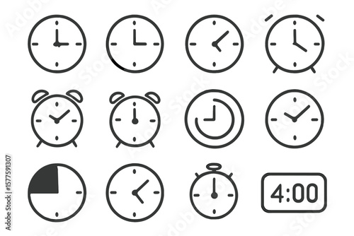 Time clock icons collection, clock icon set, line clocks symbol isolated on white background -  vector