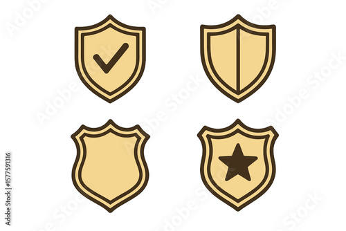Vector illustration of a shield icon set in vintage style, including protect shield security line icons, badge quality symbol, sign, logo or emblem