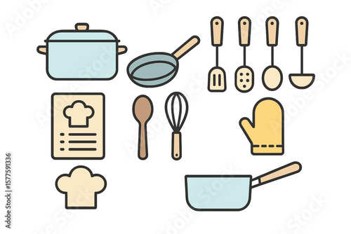 Collection of linear icons and vector signs for cooking, including pots, pans, kitchen utensils, and outline symbols for recipes