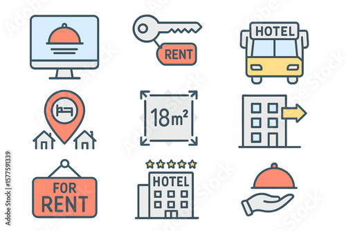 Set of isolated icons for rental properties and hotels, including apartment reservations, hotel bookings, hostel rooms, airport shuttles, room areas, flat rentals, five-star hotels, and service