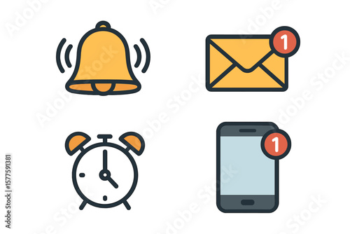 vector of notification bell icon, alarm symbol, incoming inbox message, ringing bells, alarm clock, and smartphone application alert, a social media element represented by a new message symbol