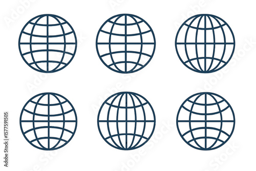 Spherical grid globe shapes, striped 3D spheres, and geometry globe grid, including earth latitude and longitude line grid vector symbols set