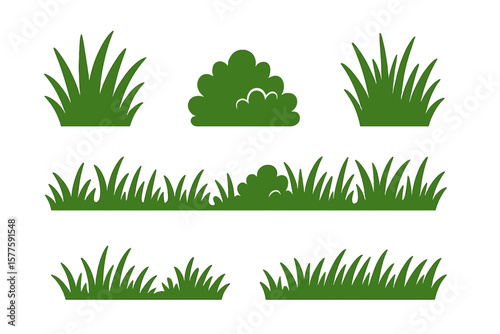 Vector set of cartoon lines of plants and shrubs on a white background, featuring a green grass silhouette, ideal for eco and organic logo elements, boarding, framing, and garden borders