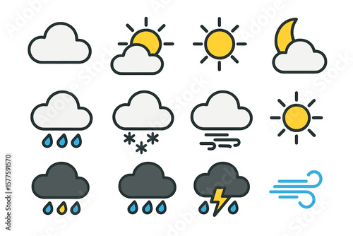 Vector illustration of weather icons including clouds logo, sunny day, moon, snowflakes, wind, and sun day as part of a weather forecast icon set
