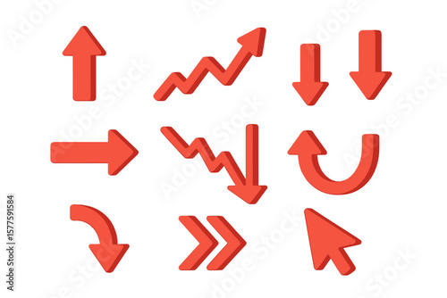 A collection of 3D red arrows representing various financial trends, including growth, decline, and different informational paths, with up and down directions, and a cursor for navigation