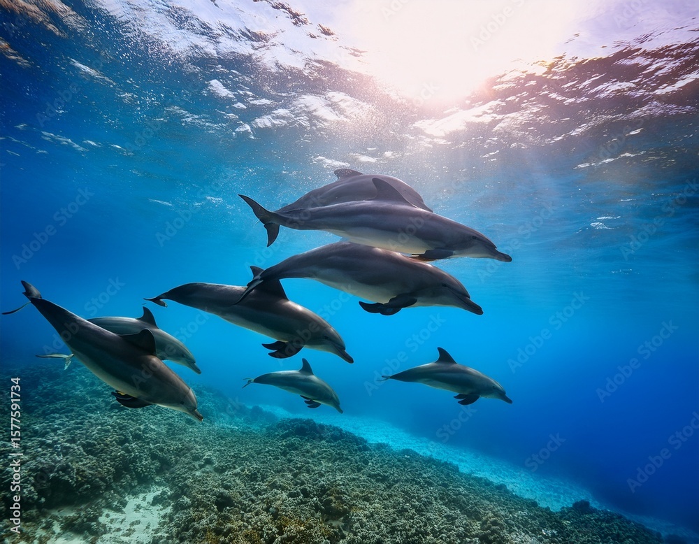 Obraz premium pod of dolphins gliding through sparkling tropical waters