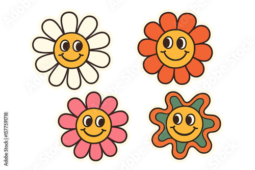 Trendy retro trippy style sticker pack featuring a funny happy daisy with eyes and smile, isolated vector illustration in hippie 60s, 70s style, among other groovy flower cartoon characters