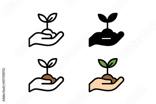 Icon of a hand holding a plant, available in various styles including line, glyph, and filled outline, with colorful and vector graphics versions, suitable for use as a symbol or logo illustration in