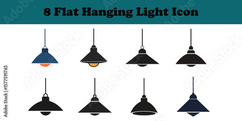 Eight Flat Hanging Light Icons in Various Shapes and Colors on White Background lamp