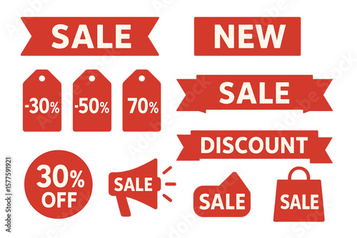 Collection set of Sale and New Label, featuring sale tags with 70 discounts, accompanied by red ribbons, banners, and icons, including shopping tags and sale icons, all isolated on a white