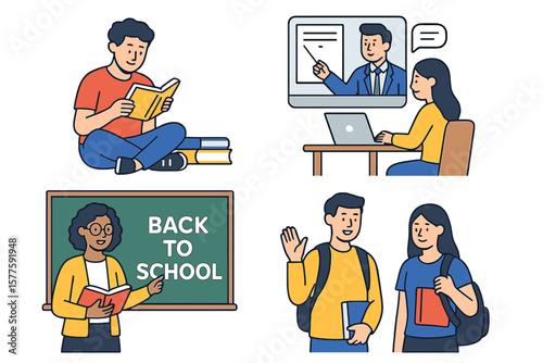 Illustrations of education concepts, featuring a set of people in vector form engaged in different educational activities, including learning, reading, taking online courses, and training, all