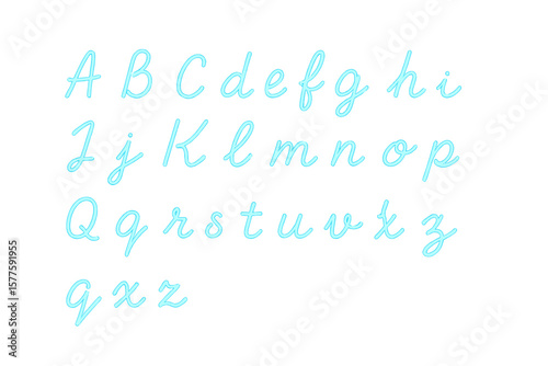 Handwritten english alphabet in glowing neon script, including both uppercase and lowercase letters in a neon font