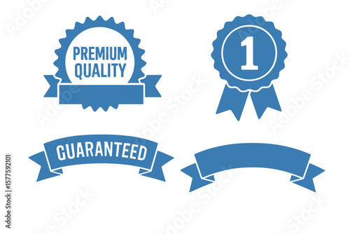 Vector illustration of a set of premium quality and guarantee labels, including a blue ribbon and banner, isolated on a white background