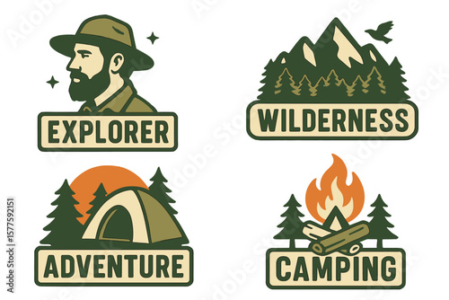 A set of vintage-style graphics featuring explorers, wilderness, adventure, and camping emblems, ideal for use on t-shirts, apparel, and various merchandise