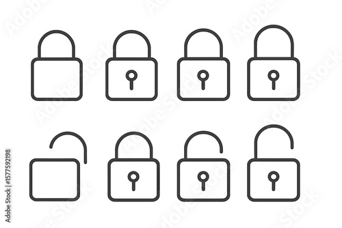 Collection of lock icons, including locked and unlocked symbols in black line style, representing flat security elements as a vector illustration