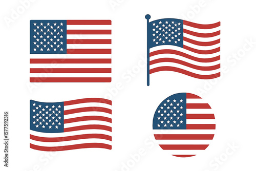 USA flag icon set in isolation, symbolizing America's holidays, including 4th of July banner in flat style, and vector illustrations for Veteran's Day and Memorial Day