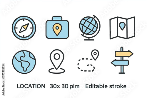 Minimal vector illustration of a location line icon set, including a compass, travel symbols, globe, map, geography, earth, distance, and direction signs, designed as a simple outline for navigation