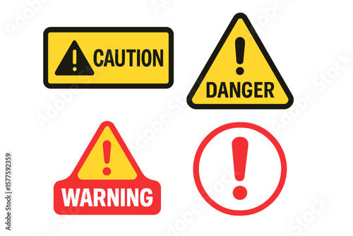 Warning symbol set, hazard sign collection, caution vector icon, yellow, red and black error message element, exclamation mark of alert attention icon