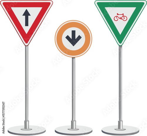 Roundabout and Yield Signs in Minimal Vector Style on White Background