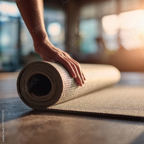A hand carefully adjusting a yoga mat in serene setting.