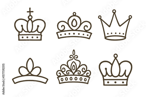 A vector illustration set of royal head accessories, including line art king or queen crowns, tiaras, diadems, and luxurious decals, featuring doodle crowns and fellow crowned heads in a linear
