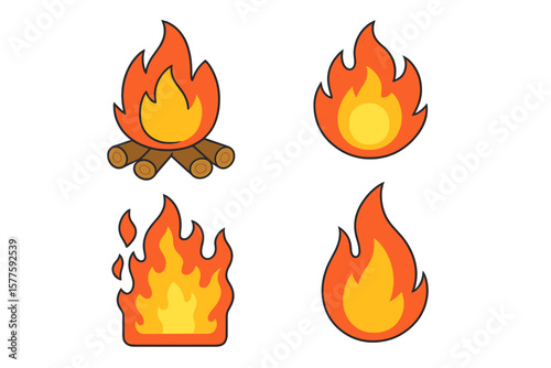 Illustrated set of cartoon campfire, including wildfire, fire flames, bright fireball, red hot bonfire, isolated vector campfire and red fiery flames in animated form and square, fireball and flame